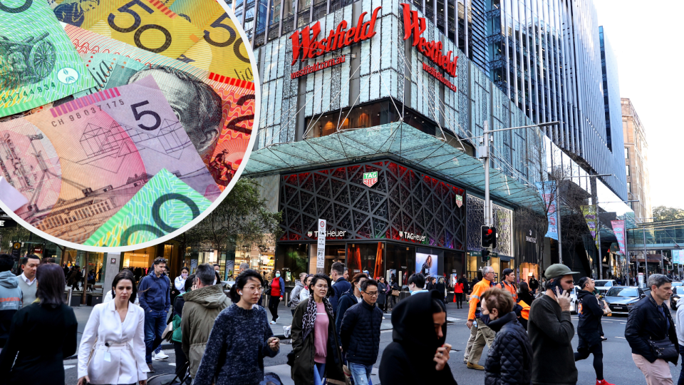 A composite image of shoppers outside a Westfield and Australian currency to represent shopping with gift cards.