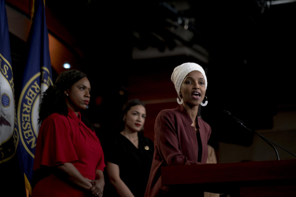 Omar speaks at a press conference following Trump's racist Twitter attack on July 15, 2019. | Gabriella Demczuk for TIME