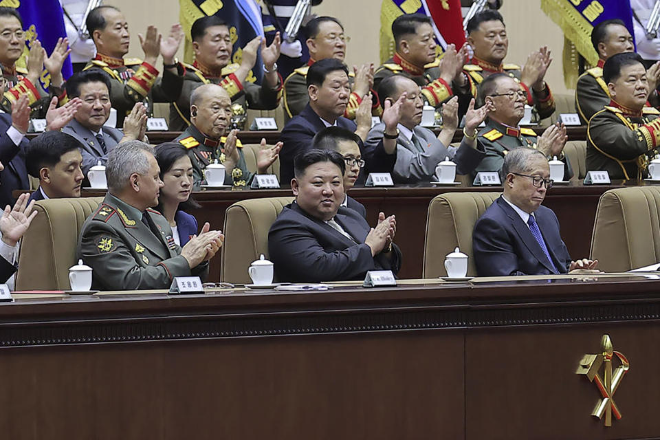 In this photo provided by the North Korean government, North Korean leader Kim Jong Un, center, Russian Defense Minister Sergei Shoigu, left, and China's Vice Chairman of the standing committee of the country’s National People’s Congress Li Hongzhong, right, attend a meeting to mark the 70th anniversary of the armistice that halted fighting in the 1950-53 Korean War, in Pyongyang, North Korea Thursday, July 27, 2023. Independent journalists were not given access to cover the event depicted in this image distributed by the North Korean government. The content of this image is as provided and cannot be independently verified.(Korean Central News Agency/Korea News Service via AP)