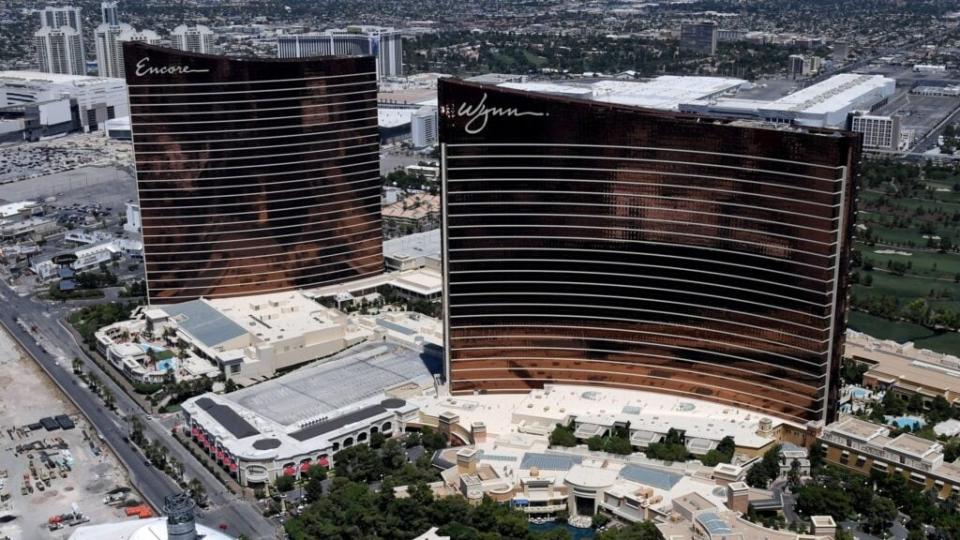 An aerial view shows The Drew Las Vegas north of Encore Las Vegas and Wynn Las Vegas. Of Wynn’s 15,051 COVID-19 employees’ tests so far, 548 have tested positive, and 497 were after reopening. (Photo by Ethan Miller/Getty Images)