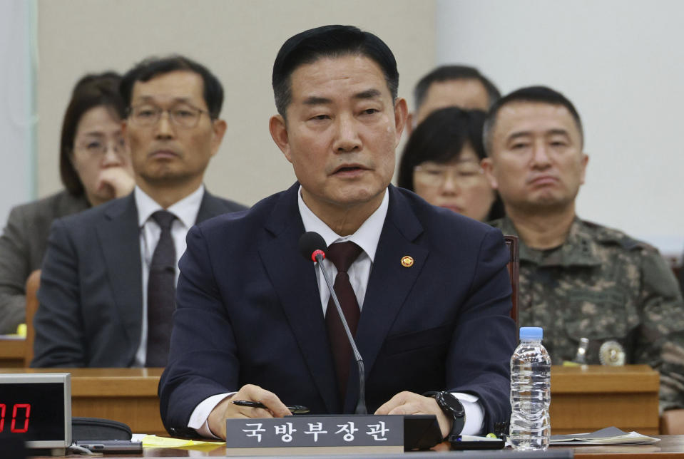 FILE - South Korean Defense Minister Shin Wonsik speaks during a committee at the National Assembly in Seoul, South Korea, on Nov. 23, 2023. A light-water reactor at North Korea’s main nuclear complex will likely be formally operational by next summer, South Korea’s defense minister said, amid suspicions that the North may use it as a new source of fissile materials for nuclear weapons. (Han Jong-chan/Yonhap via AP, File)