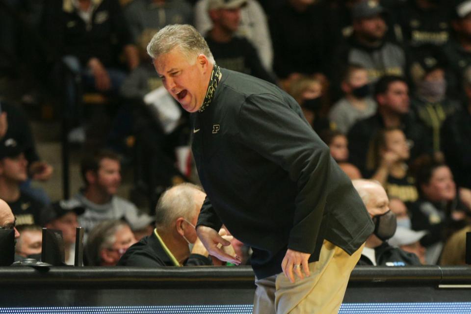 Purdue head coach Matt Painter reacts during the second half of an NCAA men's basketball game, Tuesday, Nov. 9, 2021 at Mackey Arena in West Lafayette.