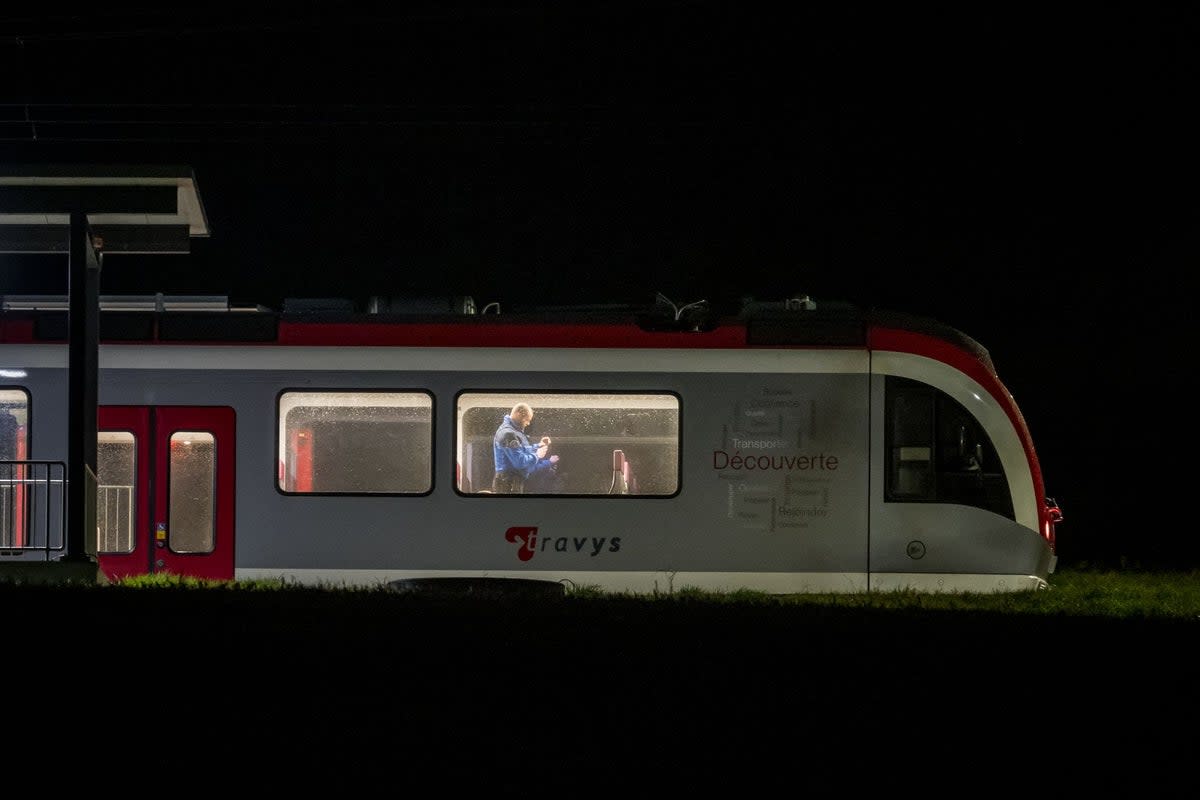 A Swiss Gendarme Police officer inspects the inside of a train (AFP via Getty Images)