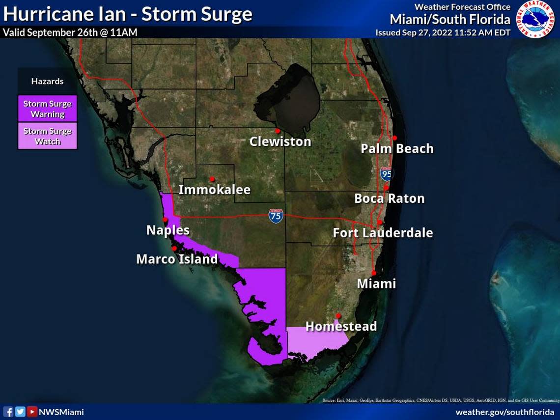 Miami-Dade, Broward, Palm Beach and the Florida Keys are under a tropical storm warning, meaning tropical-storm-force winds are expected in 36 hours. National Weather Service