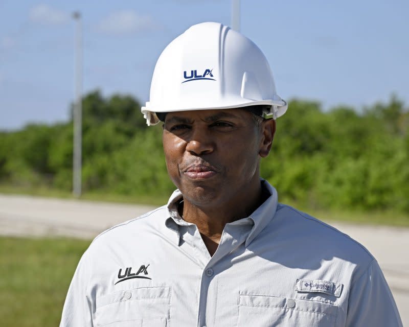 Ron Fortson, ULA director and general manager of launch operations speaks to the media as the United Launch Alliance Atlas V rocket rolls to Launch Complex 41. Photo by Joe Marino/UPI