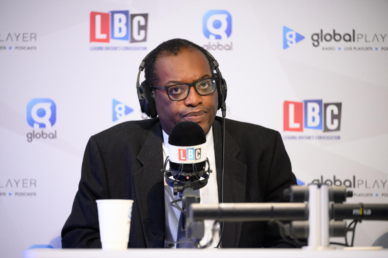 BIRMINGHAM, ENGLAND - OCTOBER 03: Chancellor of the Exchequer Kwasi Kwarteng is interviewed during the morning media rounds on day two of the annual Conservative Party conference on October 03, 2022 in Birmingham, England. The Chancellor confirmed this morning the government would not be proceeding with the recently announced cut to the 45 pence tax rate for top earners. This year the Conservative Party Conference will be looking at 