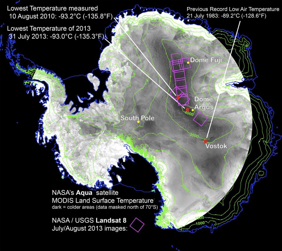 With remote-sensing satellites, scientists have found the coldest places on Earth, just off a ridge in the East Antarctic Plateau, as illustrated in this graphic courtesy of NASA released December 9, 2013. They found that the high ridge contains pockets of trapped air that dipped as low as minus 136 Fahrenheit (minus 93 degrees Celsius) on August 10, 2010, researchers said at the American Geophysical Union meeting in San Francisco on Monday. REUTERS/NASA/Ted Scambos, National Snow and Ice Data Center/Handout via Reuters (ANTARCTICA - Tags: ENVIRONMENT) FOR EDITORIAL USE ONLY. NOT FOR SALE FOR MARKETING OR ADVERTISING CAMPAIGNS. THIS IMAGE HAS BEEN SUPPLIED BY A THIRD PARTY. IT IS DISTRIBUTED, EXACTLY AS RECEIVED BY REUTERS, AS A SERVICE TO CLIENTS