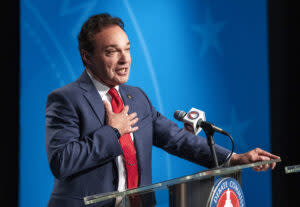  Frank Mylar answers questions during a media scrum after the attorney general GOP primary debate with Derek Brown and Rachel Terry at the KUED Studio, on Tuesday, June 11, 2024. (Pool photo by Rick Egan/The Salt Lake Tribune)