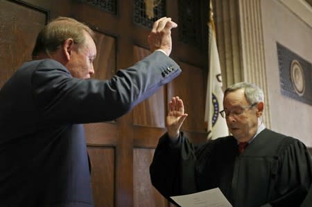 Former U.S. Attorney Dan Webb takes the oath of special prosecutor during a status hearing concerning actor Jussie Smollett at the Leighton Criminal Court building in Chicago