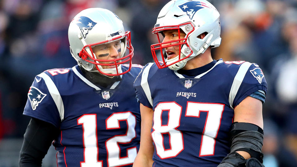 Tom Brady and Rob Gronkowski, pictured here in action for New England in 2019.