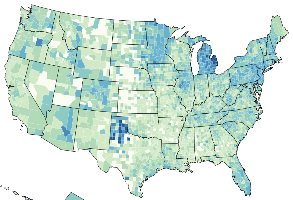 Reported cases per 100,000 people, April 4-10, 2021. (Source: CDC)