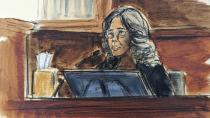 In this courtroom sketch, Carol Martin, a friend of E. Jean Carroll's, testifies in Manhattan federal court, Thursday, May 4, 2023 in New York. Martin testified that Carroll told her about an attack by Donald Trump in an upscale New York department store dressing room. (Elizabeth Williams via AP)