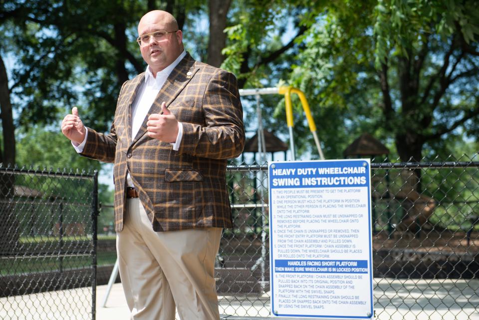 City Councilman J.P. Stovall speaks during the unveiling of the wheelchair accessible swing at Malesus Park in Jackson, Tennessee on July 26, 2023.