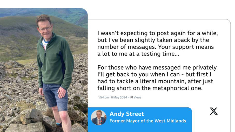 Andy Street posting after the election, with a picture of him up a mountain