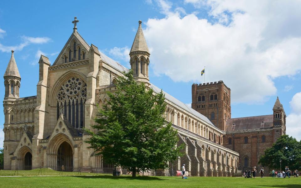 The exterior of St Albans Cathedral, St Albans, Hertfordshire 