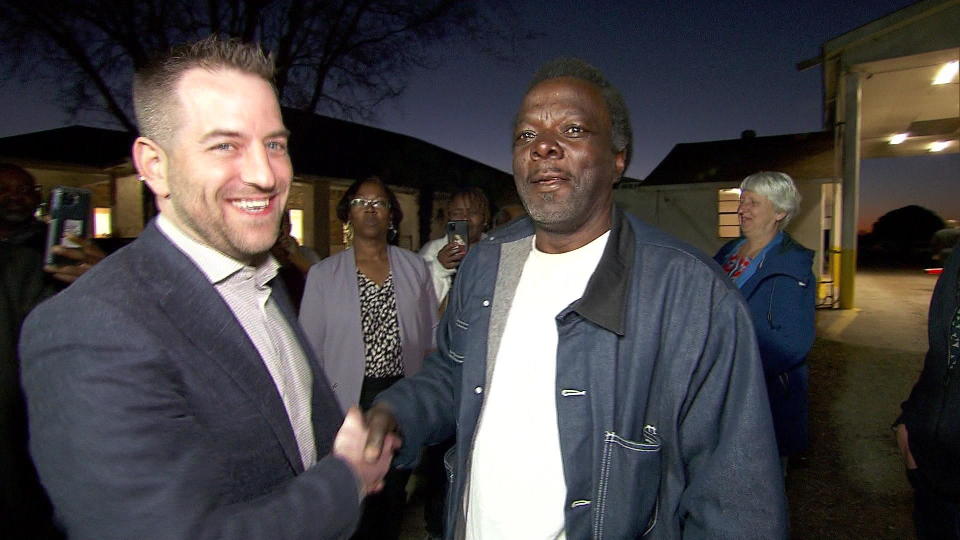 Vincent Simmons, right, with attorney Justin Bonus immediately following Simmons' release from the Louisiana State Penitentiary on February 14, 2022. / Credit: CBS News
