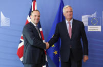 <p>New British Government Brexit secretary Dominic Raab (L) is welcomed by EU’s chief Brexit negotiator Michel Barnier ahead of a meeting at the European Commission in Brussels, Belgium, 19 July 2018. New British Government Brexit secretary Dominic Raab has his first meeting in Brussels with EU’s chief Brexit negociator Michel Barnier since taking office. (EPA Photo/Stephanie Lecocq) POOL </p>