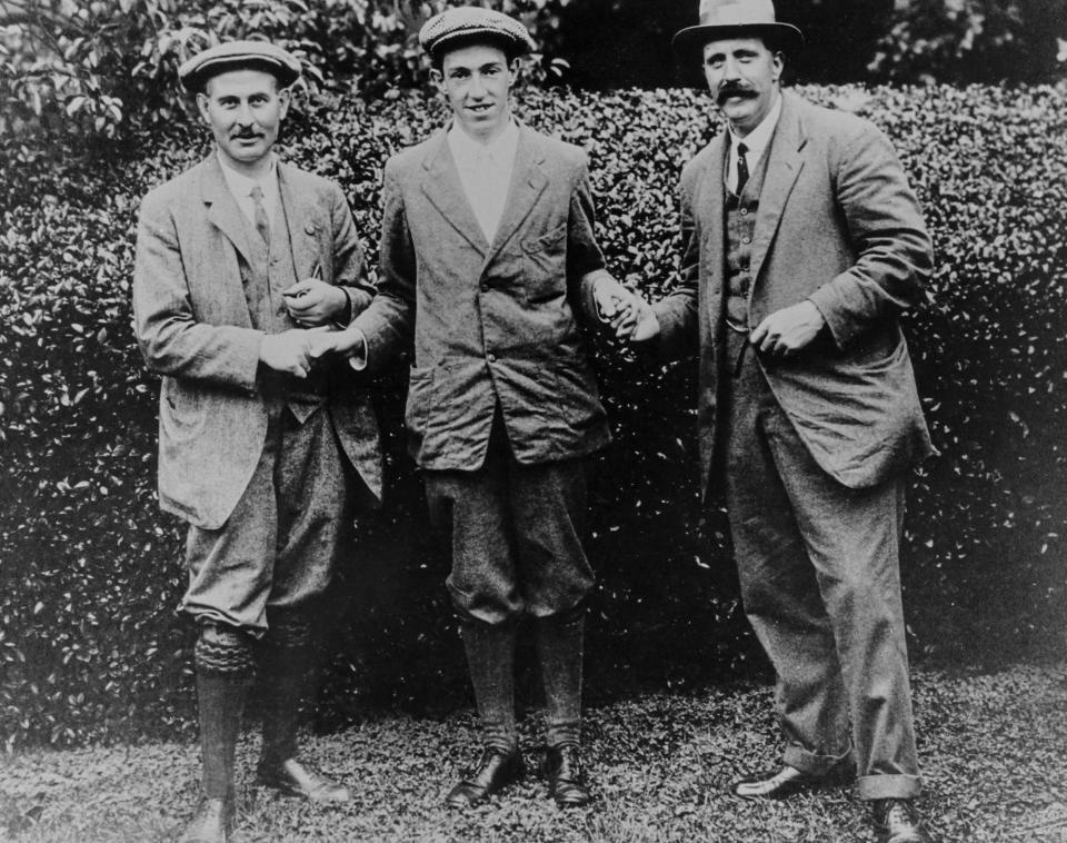 Vardon (L), Ouimet and Ray (R) pose for a photo at the 1913 U.S. Open. (PGA of America via Getty Images)