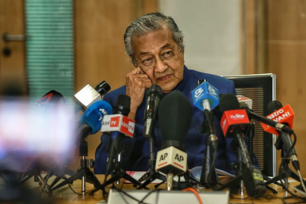 Tun Dr Mahathir Mohamad speaks to reporters during a press conference at Yayasan Al Bukhary in Kuala Lumpur August 7, 2020. — Picture by Ahmad Zamzahuri