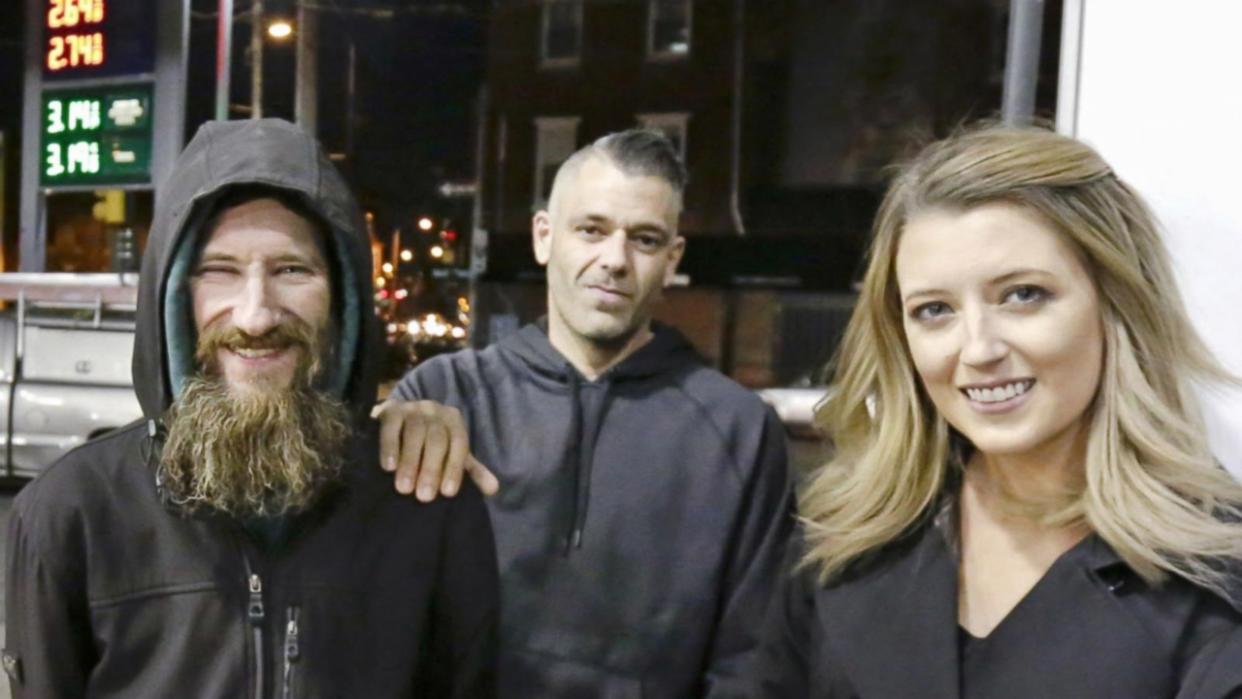Homeless man Johnny Bobbitt, left, Mark D’Amico, centre, and Katelyn McClure face up to ten years in prison if found guilty (Picture: AP)