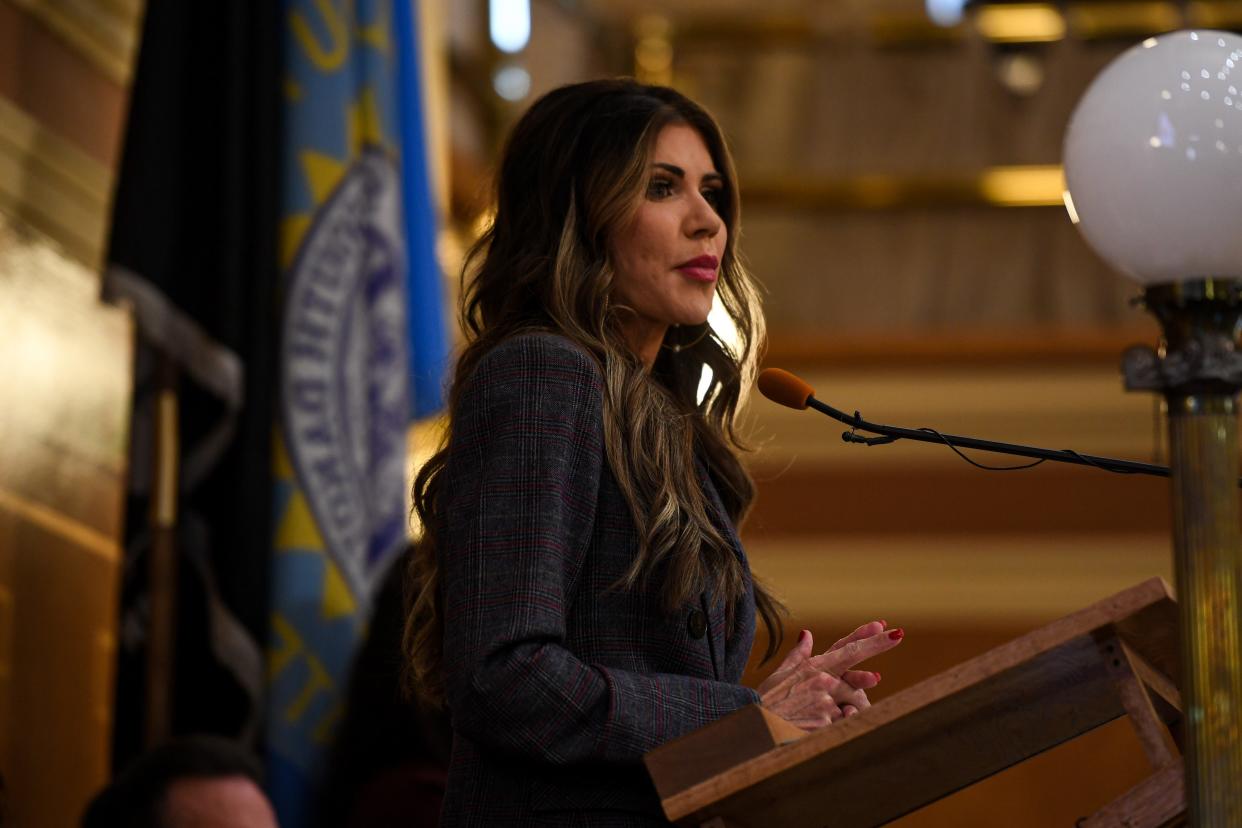 Gov. Kristi Noem speaks to lawmakers during the budget address on Tuesday, Dec. 5, 2023 at the South Dakota State Capitol in Pierre.