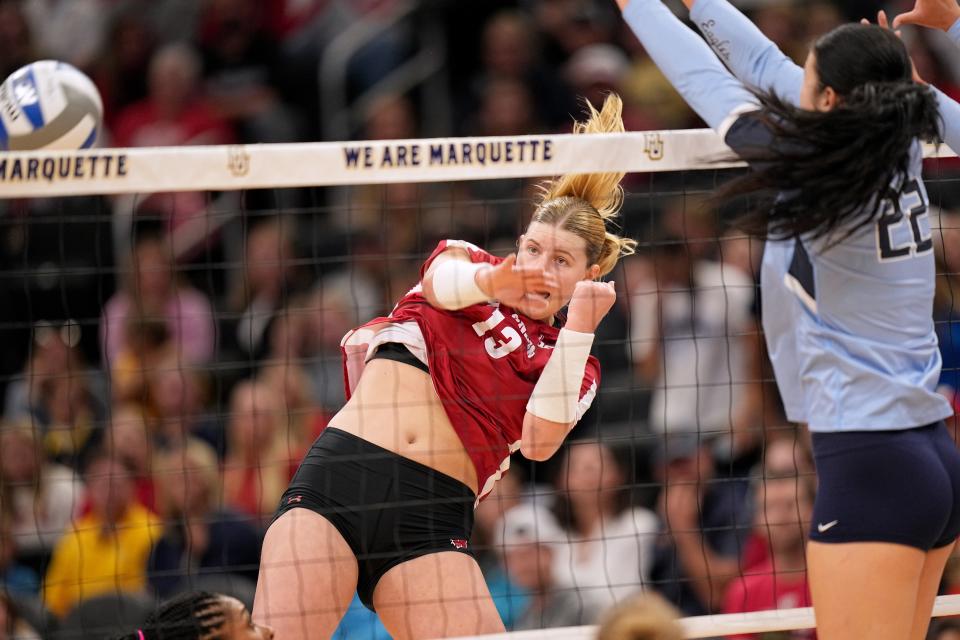 Wisconsin outside hitter Sarah Franklin, shown in a match from earlier this season, finished with a career-high 28 kills Friday against Purdue.