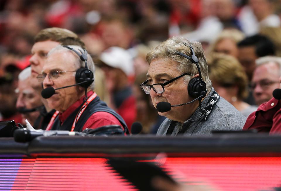 U of L radio announcer Bob Valvano watches their game against Syracuse at the Yum Center in Louisville, Ky. on Feb. 19, 2020.  