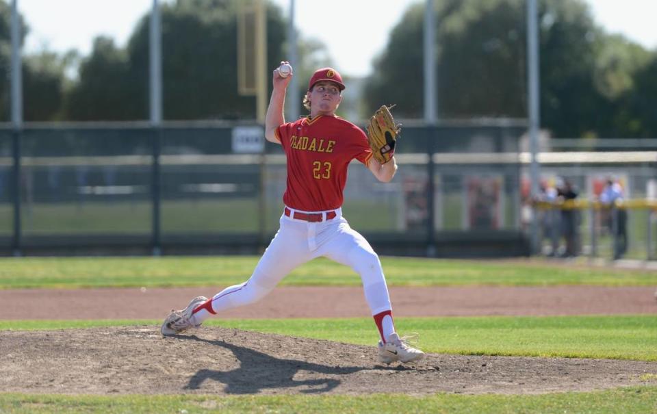 Oakdale pitcher Trey Parsons delivers a pitch during Game 1 of the CIF Sac-Joaquin Section D-III semifinals against Central Catholic at Oakdale High School on Monday, May 13, 2024.