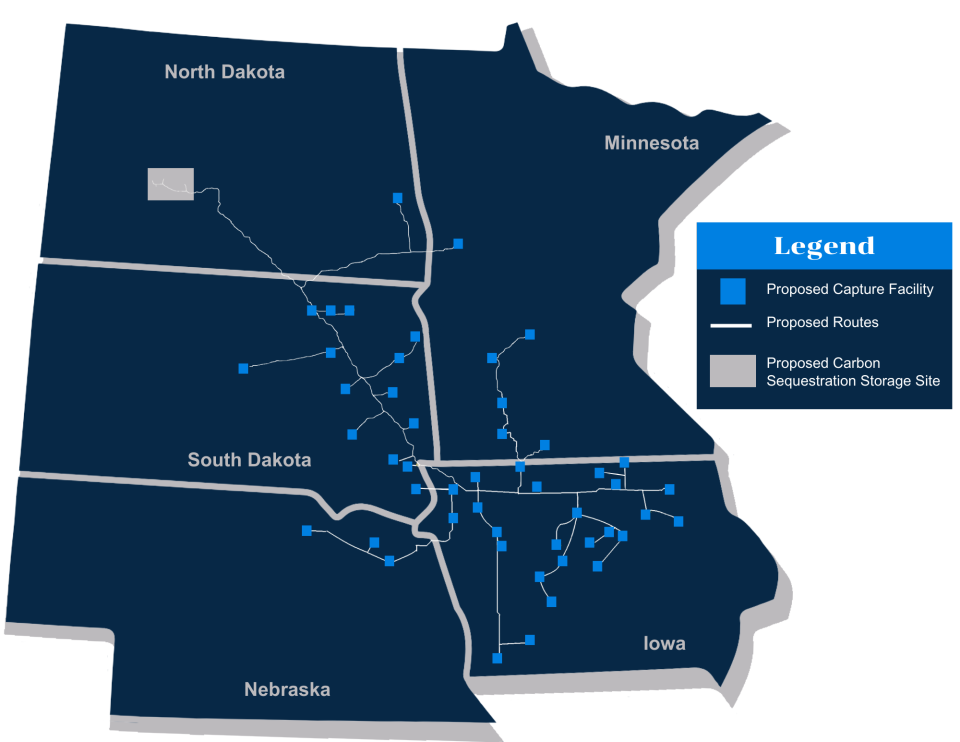 A map showing Summit Carbon Solutions' proposed route for their multi-billion dollar, 2,000-mile carbon capture and storage project, the Midwest Carbon Express. An Argus Leader inquiry found the company's routes connecting to 17 ethanol plants belonging to POET, a Sioux Falls-based, worldwide biofuels leader, have not been finalized.