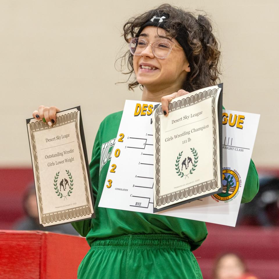 Victor Valley’s Roxanne Hurtado was named the girls lower-weight MVP at the Desert Sky League wrestling finals on Saturday, Jan. 21, 2023.