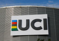 FILE PHOTO: A logo is pictured on the indoor track at the International Cycling Union (UCI) Federation headquarters in Aigle, Switzerland, September 27, 2017. REUTERS/Denis Balibouse/File Photo