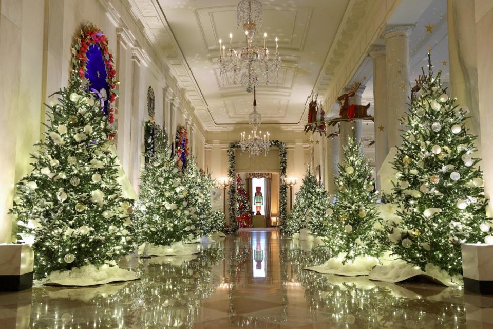 PHOTO: The Cross Hall between the East Room and the State Dining Room is lined with frosted Christmas tress during a media preview of the 2023 holiday decorations at the White House, Nov. 27, 2023.  (Kevin Dietsch/Getty Images)