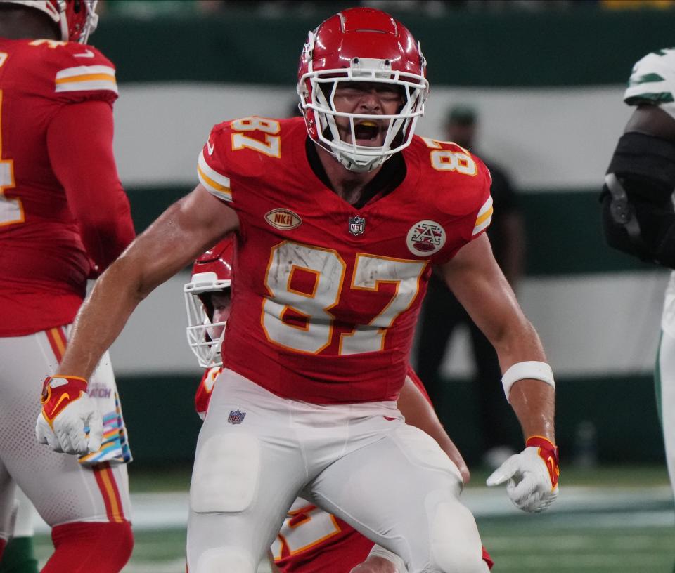 Travis Kelce of the Chiefs after making a first down in the second half. The New York Jets host the Kansas City Chiefs at MetLife Stadium in East Rutherford, NJ on October 1, 2023.