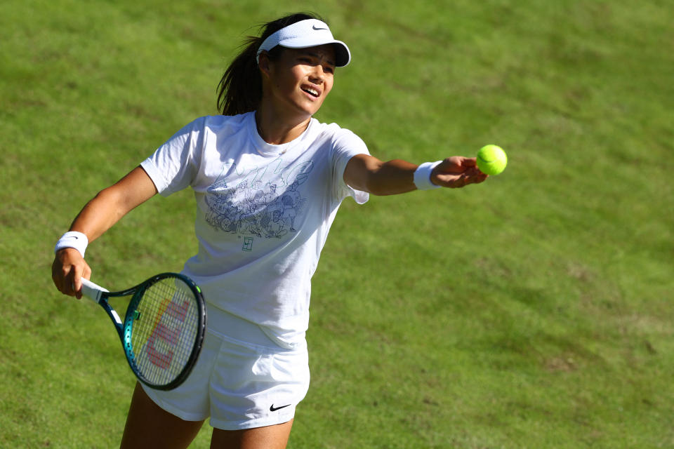 Tennis - Wimbledon - All England Lawn Tennis and Croquet Club, London, Britain - June 29, 2024 Britain's Emma Raducanu during practice REUTERS/Matthew Childs