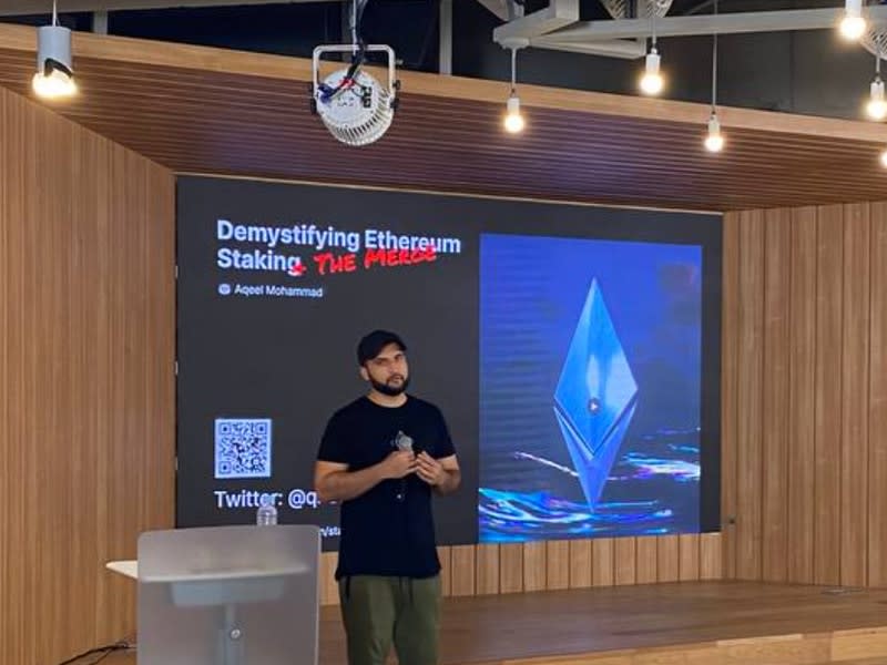 Ethereum Foundation's Aqeel Mohammad ended the event with a session on the upcoming Merge. (CoinDesk)