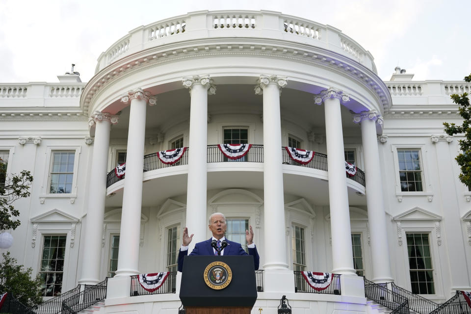 President Joe Biden speaks during an Independence Day celebration on the South Lawn of the White House, Sunday, July 4, 2021, in Washington. (AP Photo/Patrick Semansky)