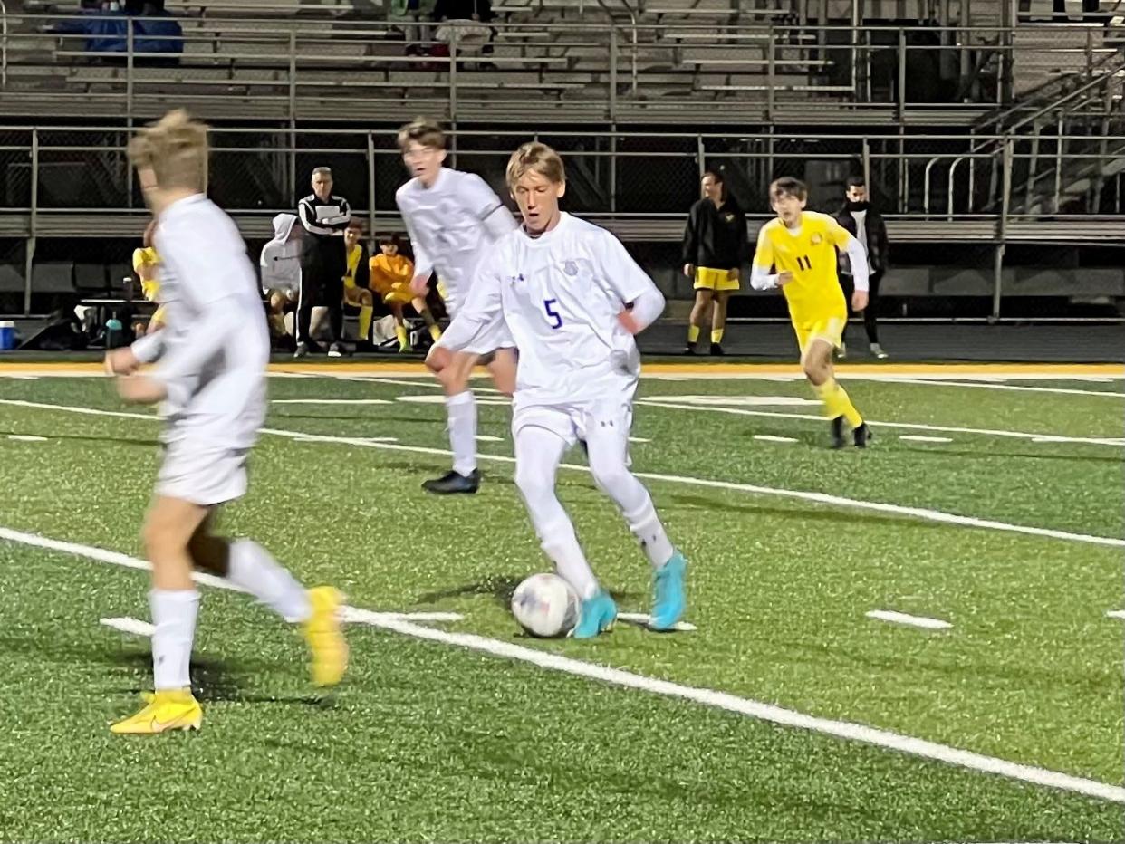 River Valley's Hudson Pollock dribbles the ball during a recent boys soccer match at Buckeye Valley. Pollock scored six goals in three matches last week for the Vikings.