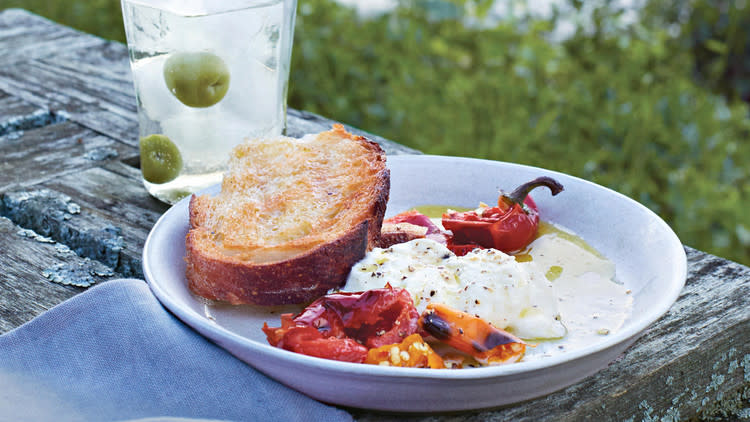 Grilled Bread and Chiles with Burrata
