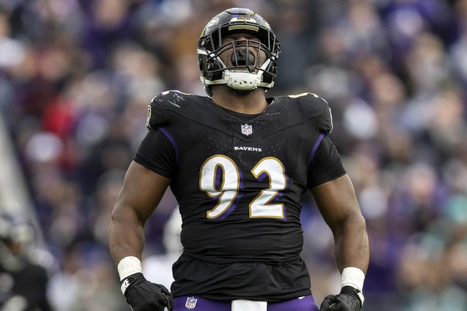 BALTIMORE, MARYLAND – DECEMBER 31: Justin Madubuike #92 of the Baltimore Ravens reacts during an NFL football game between the Baltimore Ravens and the Miami Dolphins at M&T Bank Stadium on December 31, 2023 in Baltimore, Maryland. (Photo by Michael Owens/Getty Images)