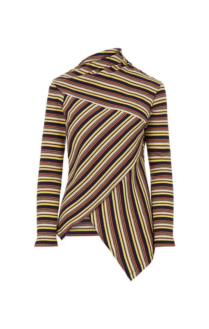 This asymmetrical striped turtleneck is a fun addition to everyday wear that looks cool and original.