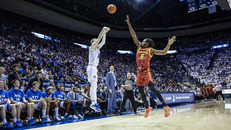 Spencer Johnson shoots a 3-pointer as BYU plays Iowa State at the Marriott Center on Tuesday, Jan. 16, 2024.