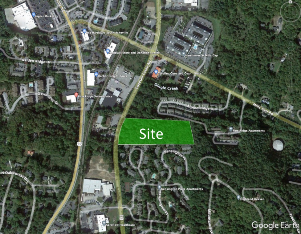 A map included with an application on file with Asheville shows the site of Fairhaven Summit, an apartment complex planned on Sweeten Creek Road. Hendersonville Road can be seen to the west, and Mills Gap Road to the north of the site.