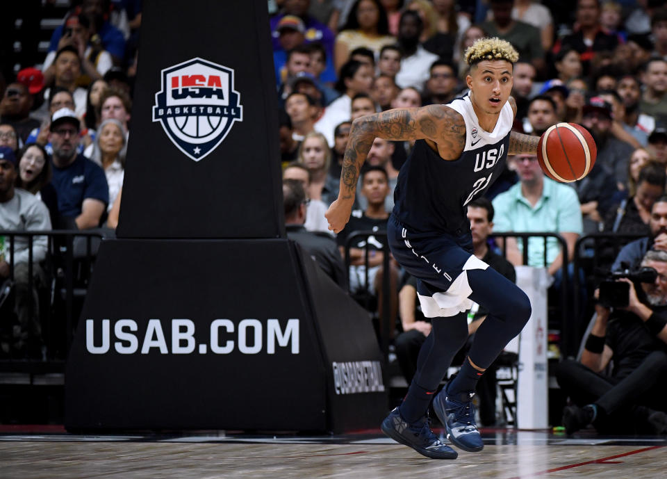 ANAHEIM, CALIFORNIA - AUGUST 16:  Kyle Kuzma #21 of the United States turns up court after his rebound in a 90-81 win over Spain during an exhibition game at Honda Center on August 16, 2019 in Anaheim, California. (Photo by Harry How/Getty Images)
