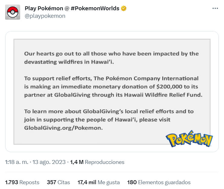 The Pokémon Company donará a Hawáii $200,000 USD