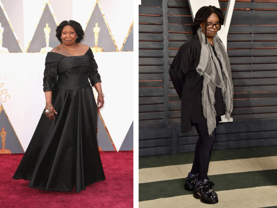 <p>Whoopi Goldberg gets it (if there was ever a doubt, consider it dispelled). The talk show host changed from her custom red carpet gown into comfy clothes — black pants, gray scarf, and creepers — to party the night way. </p><p><i>(Photos: Getty Images)</i><br></p>