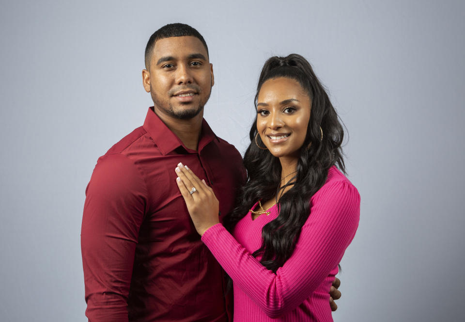 This July 23, 2019 photo shows Pedro Jimeno, left, and Chantel Everett posing for a portrait to promote their show, "90 Day Fiance" in Los Angeles. (Photo by Willy Sanjuan/Invision/AP)