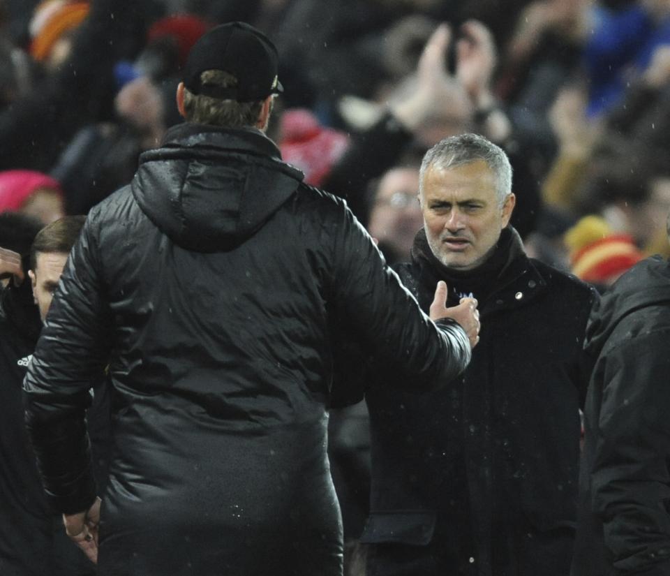 Liverpool manager Juergen Klopp, left, and Manchester United manager Jose Mourinho shake hands after the English Premier League soccer match between Liverpool and Manchester United at Anfield in Liverpool, England, Sunday, Dec. 16, 2018. (AP Photo/Rui Vieira)