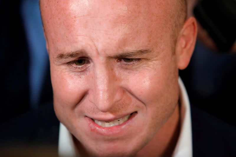 FILE PHOTO: U.S. Representative Max Rose (D-NY) speaks to the media following a Town Hall Meeting in Staten Island, New York