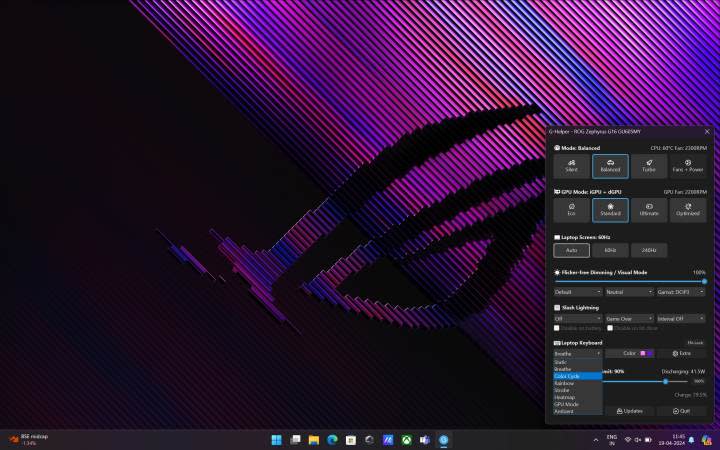 The G-helper tool running on the Asus ROG Zephyrus G16 2024 showcasing the keyboard RGB lighting setting.