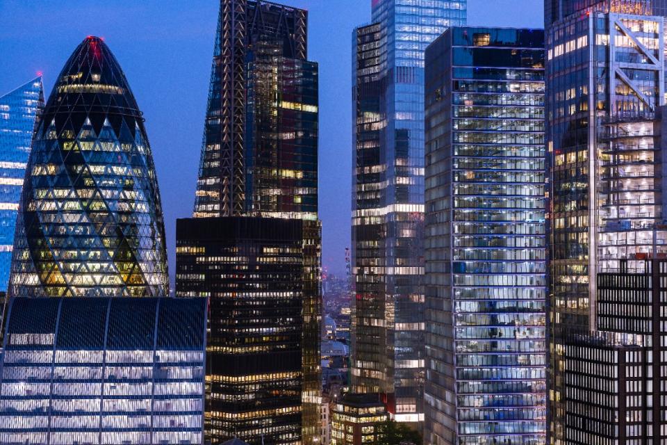 Evening in the City of London. Office buildings including The Shard, Scalpel, Swiss-Re Tower (Gerkin) and Cheesegrater